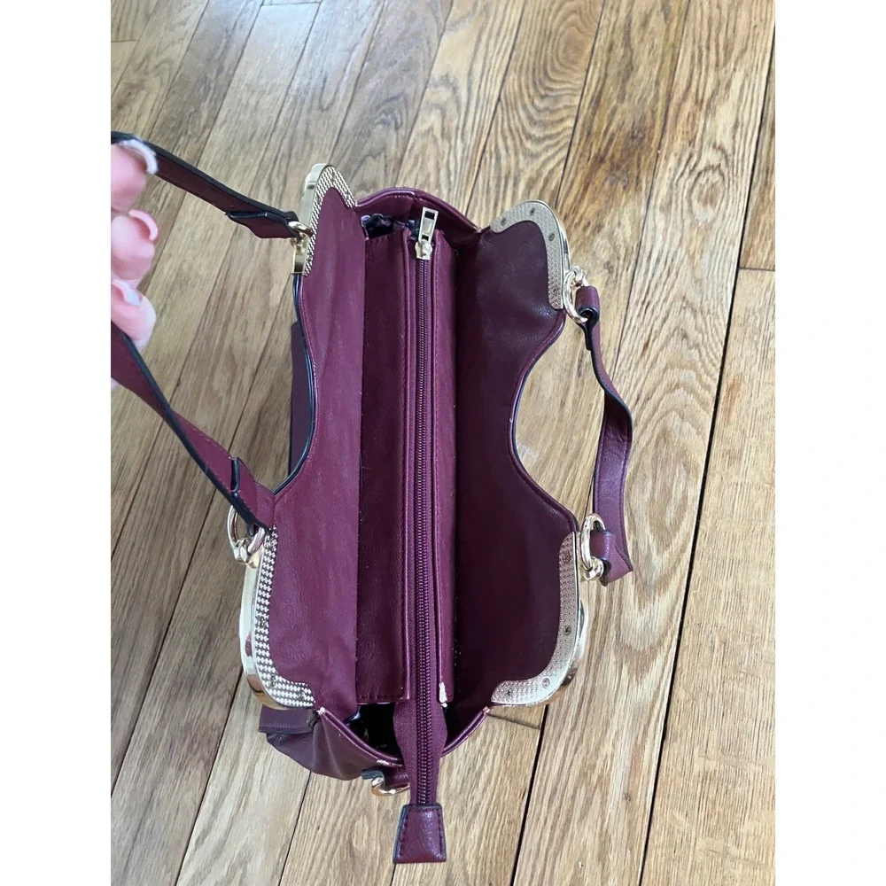 Elegant‎ Burgundy Top Handle Satchel Bag with Shoulder Strap Gold Hardware